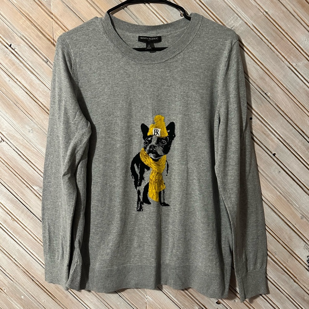 Banana Republic Gray & Yellow Knit Sweater Dog Hat Cute Cozy Crewneck Pullover